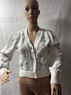 Cream Eyelet Knit Cardigan with Subtle Blue-Green Floral Accents